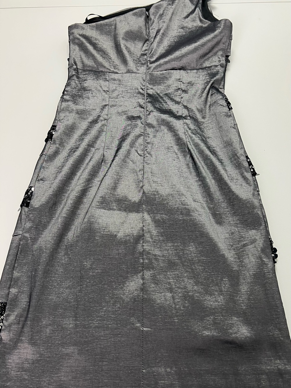Betsy & Adam One Shoulder Bow Gray with Black Sequins Cocktail Formal Dress - Picture 14 of 16